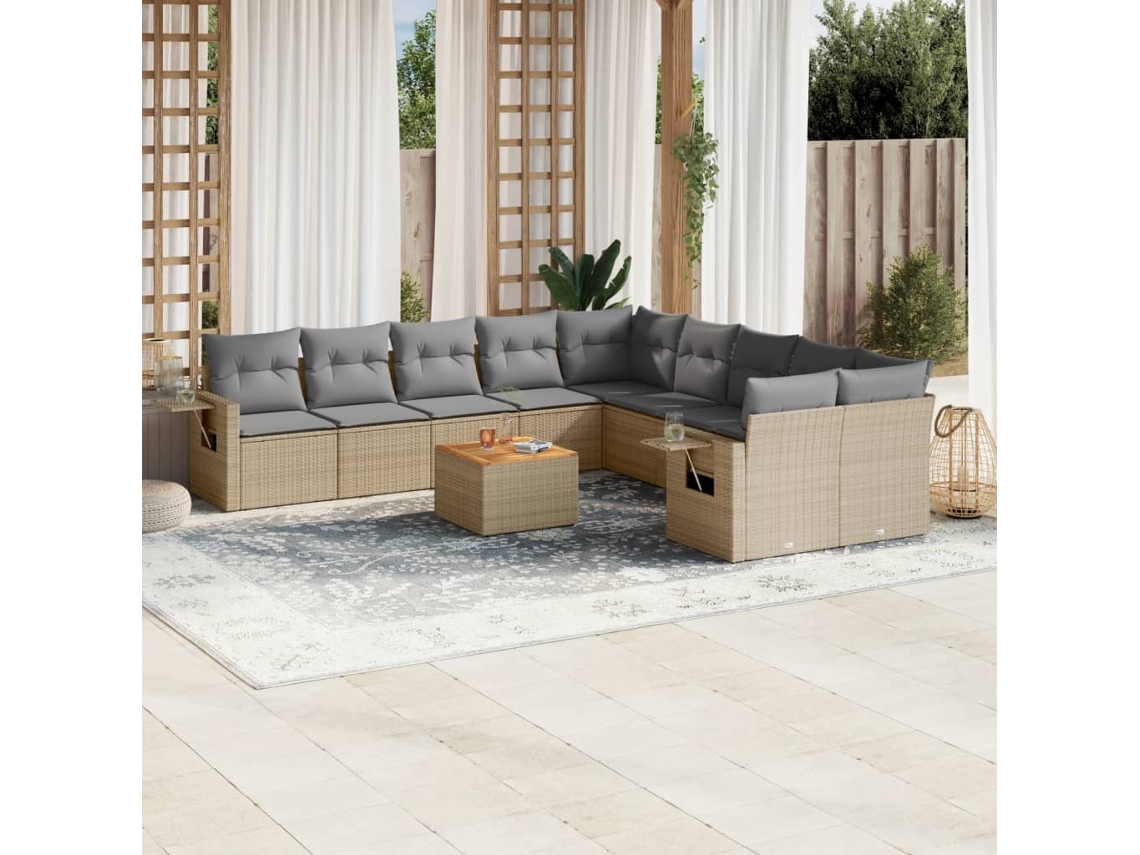 Vidaxl 11 Pcs Conj. Sofás Jardim C/ Almofadões Vime Pe Bege Misturado