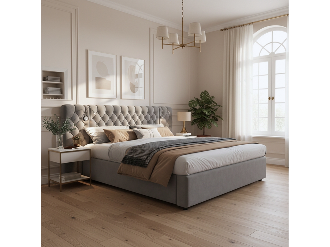 Cama 160x200 com Led Baú e Candeeiro Cinza