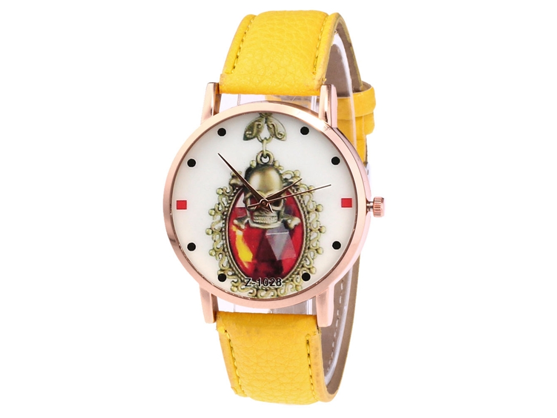 Relógio de quartzo unissex com pulseira de couro PU, mostrador com numerais romanos, amarelo casual Zhoulianfa