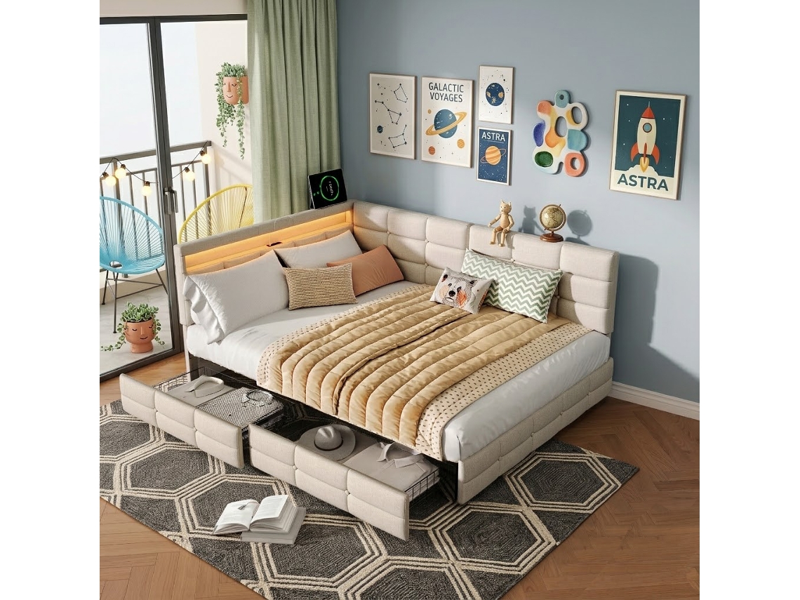 Sofá-cama 140x190 Com Entrada Usb E Espaço Para Arrumação, Estrutura Com Iluminação, Estofo Com Estrado De Ripas, Colchão Não Incluído, Bege