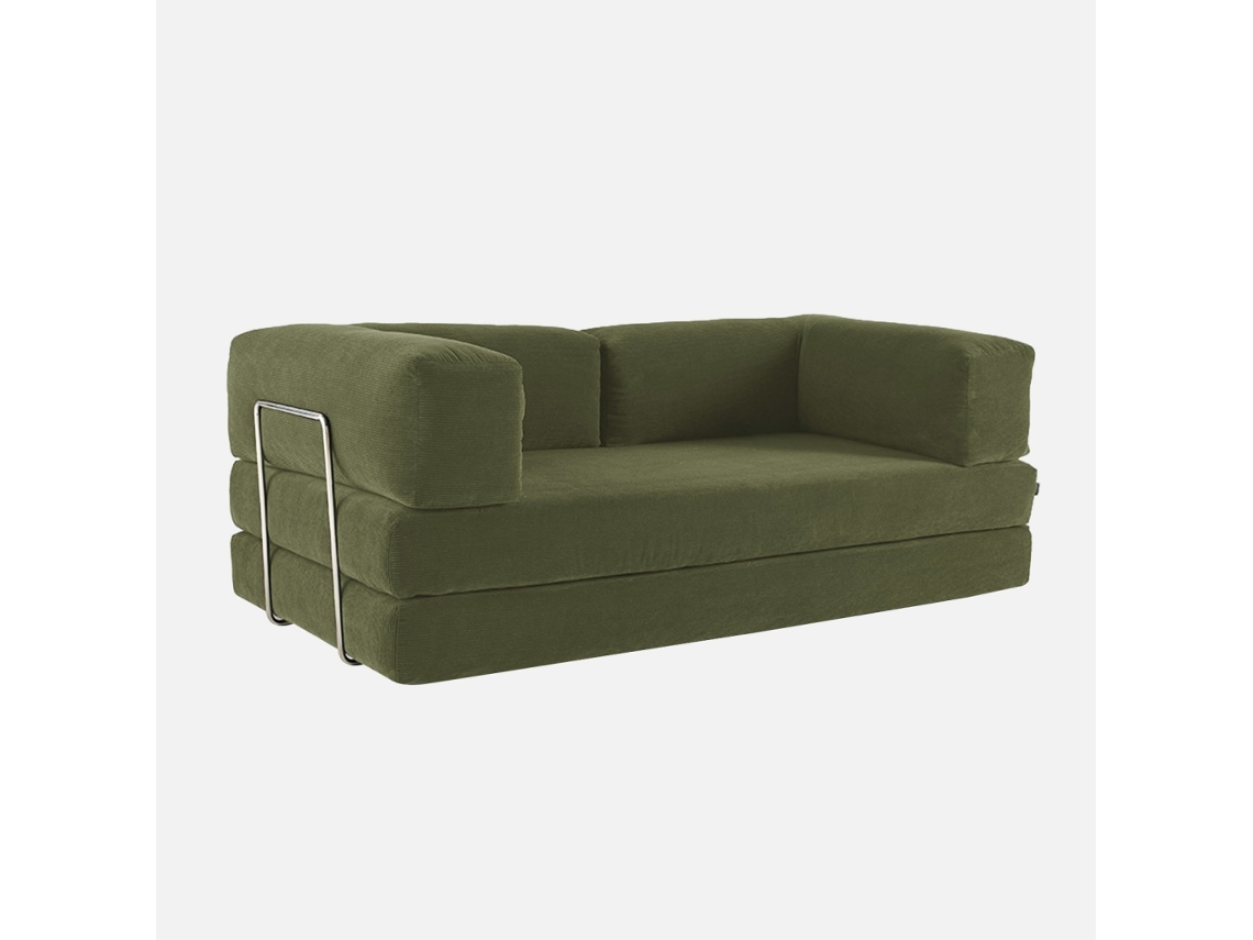 Sofá-cama Conversível Em Veludo Canelado Com Estrutura Cromada, 3 Lugares, Verde Caqui
