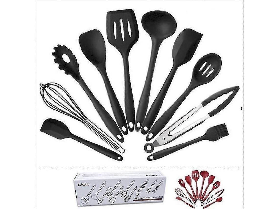 Kit De Spátulas De Silicone Com 10 Peças: Pinças, Batedor, Pincéis, Raspadores, Calesita E Colheres Para Cozinha Preto