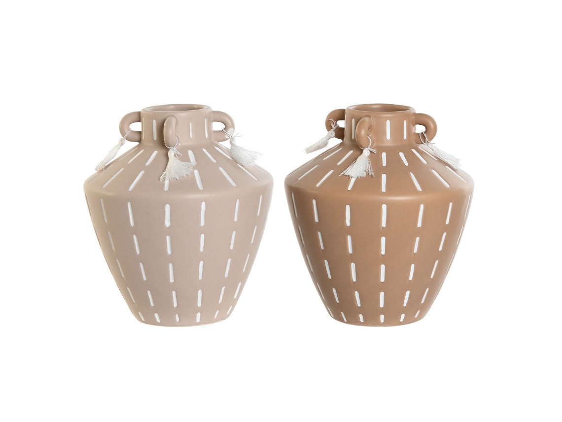 Vaso HOME ESPRIT Castanho Marrom Claro Cerâmica Colonial Franjas 15,5 X 15,5 X 17,1 Cm 2 Unidades
