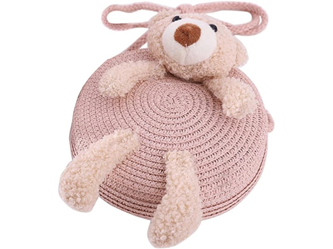Chapéu De Palha Trançada À Mão Com Bolsa, Chapéu De Sol Para Férias Com Bolsa De Ombro Em Formato De Urso