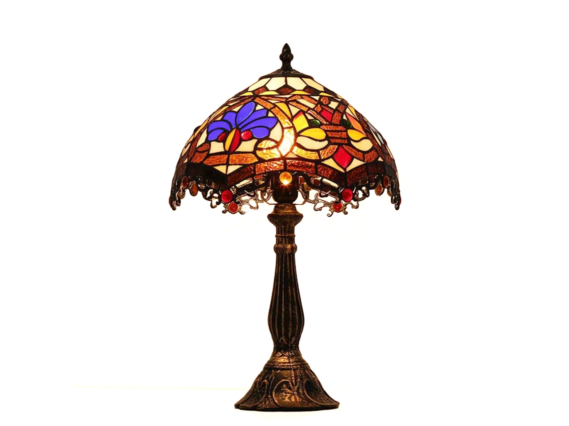 Candeeiro de Mesa Estilo Tiffany com Abajur em Vidro Floral Multicolorido, Base em Metal, E27, Ø30 Cm ALPINALUZ