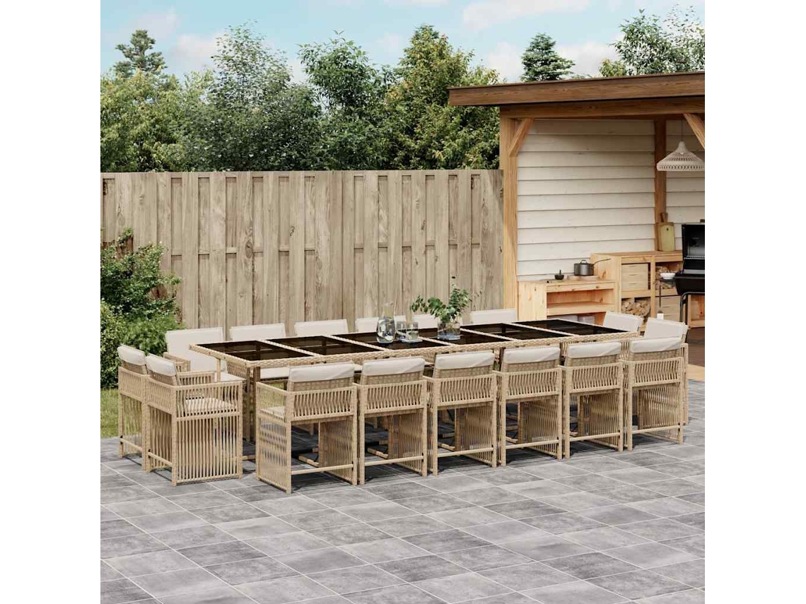 Vidaxl 17 Pcs Conjunto De Jantar P/ Jardim C/ Almofadões Vime Pe Bege