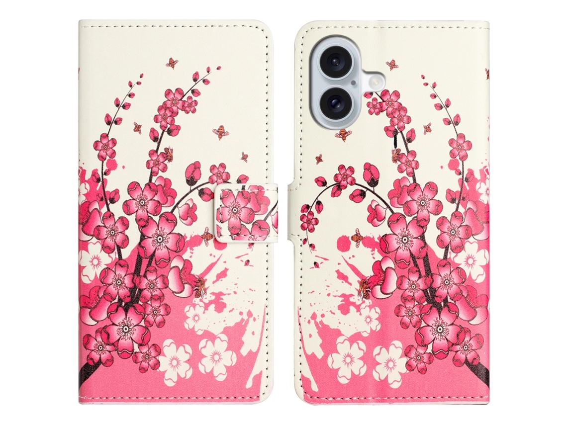 Capa Em Couro Pu Para Apple Iphone 16 Plus - Flor De Ameixa