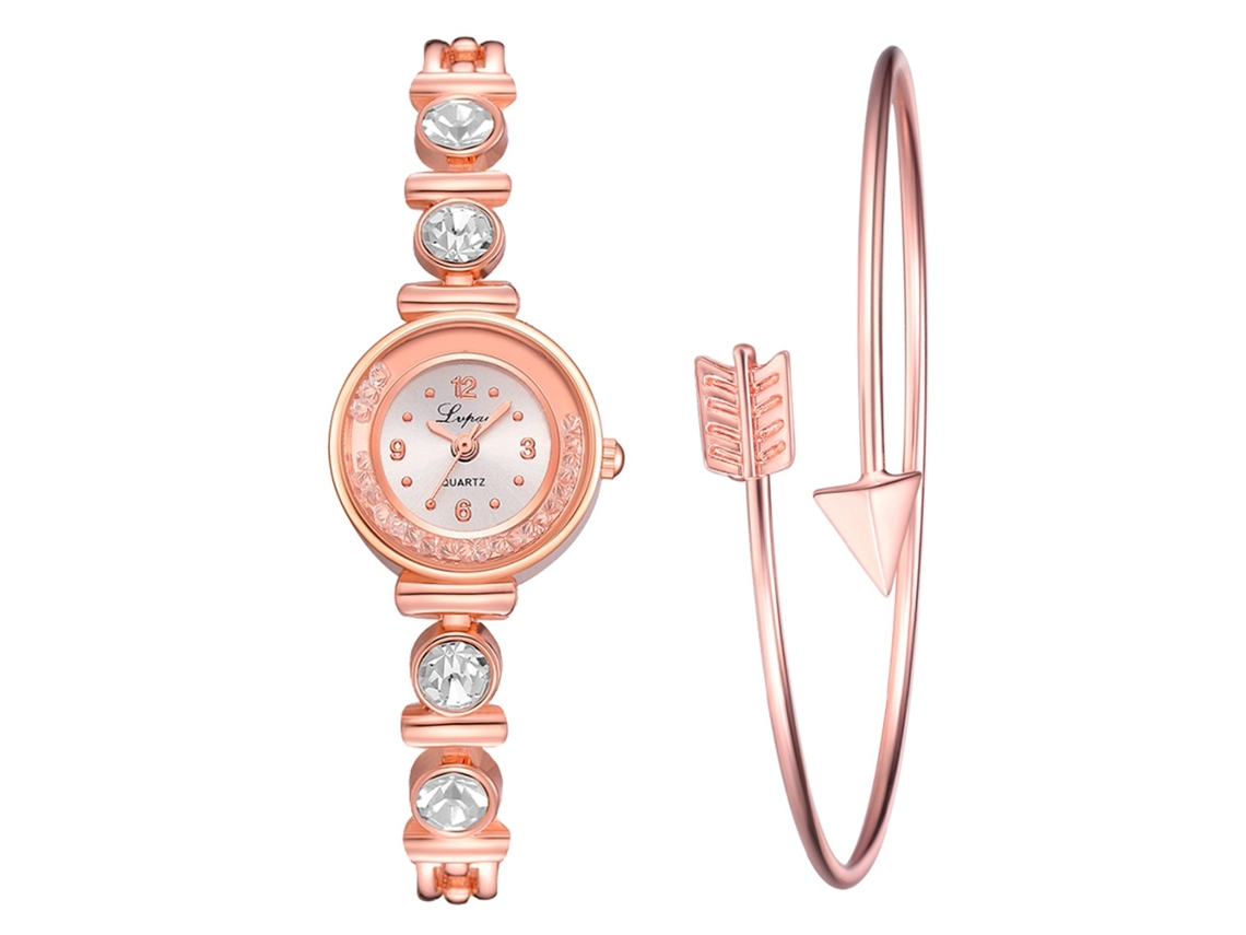 Relógio Analógico Feminino Slim com Pulseira de Liga e Strass Ouro Rosa+branco