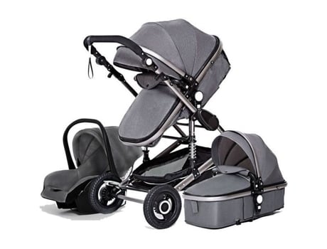 Luxcar Trio Pack 3 em 1, carrinho de bebê combinado, cinza, estrutura alta, amortecedor, dobrável, assento reversível, rodas à prova de furos