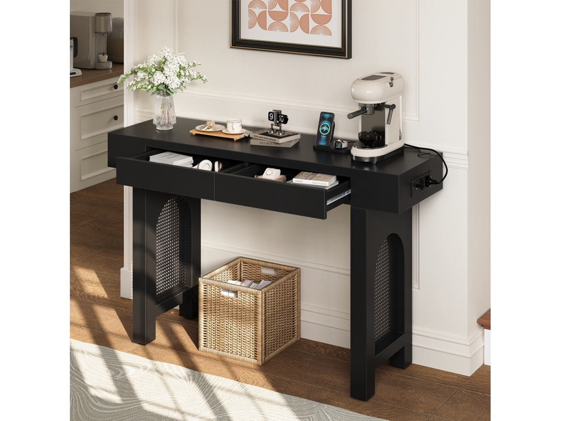 Mesa Console Gavetas Tomadas Grade Pés Ajustáveis Preta