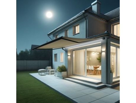 Toldo Coffre Hevoa Cinza Antracite 5,00x3,50 Motorizado com socorro telecomando e LED - Tela Bege