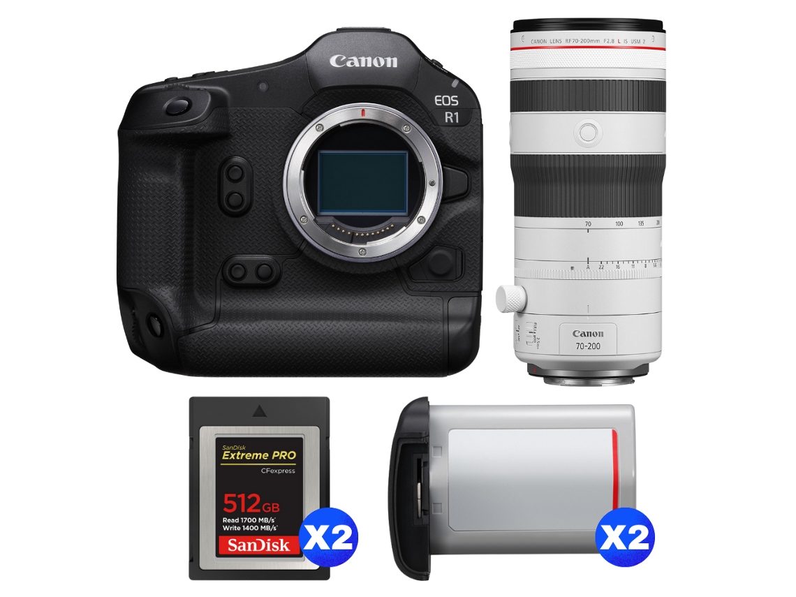 Eos R1 + Rf 70 200mm F/2.8 L Is Usm Z Branco + 2 Sandisk 512gb Extreme Pro Cfexpress Type B + 2 Canon Lp e19 + Ebook Pricedirect CANON