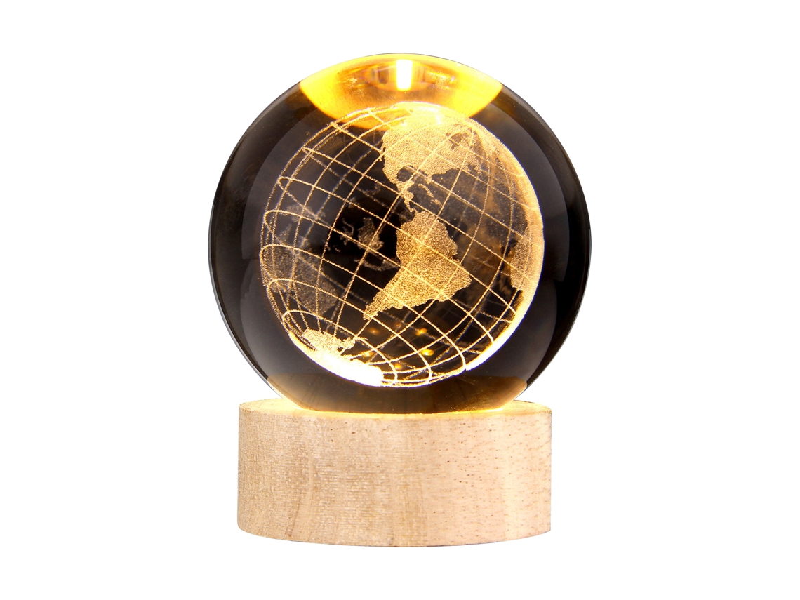 Luz Noturna Cristal 3d com Base de Madeira Usb Plug And Play