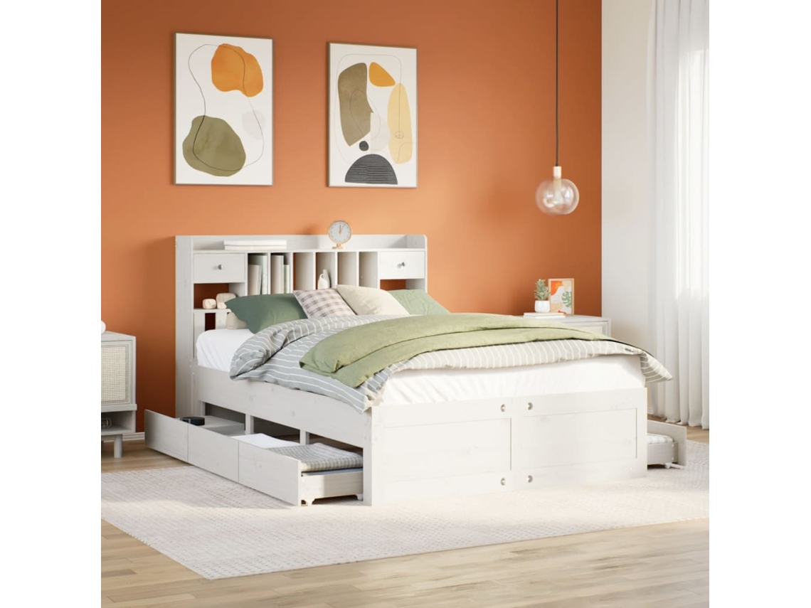 Vidaxl Cama Com Estante Sem Colchão 140x200 Cm Pinho Maciço Branco