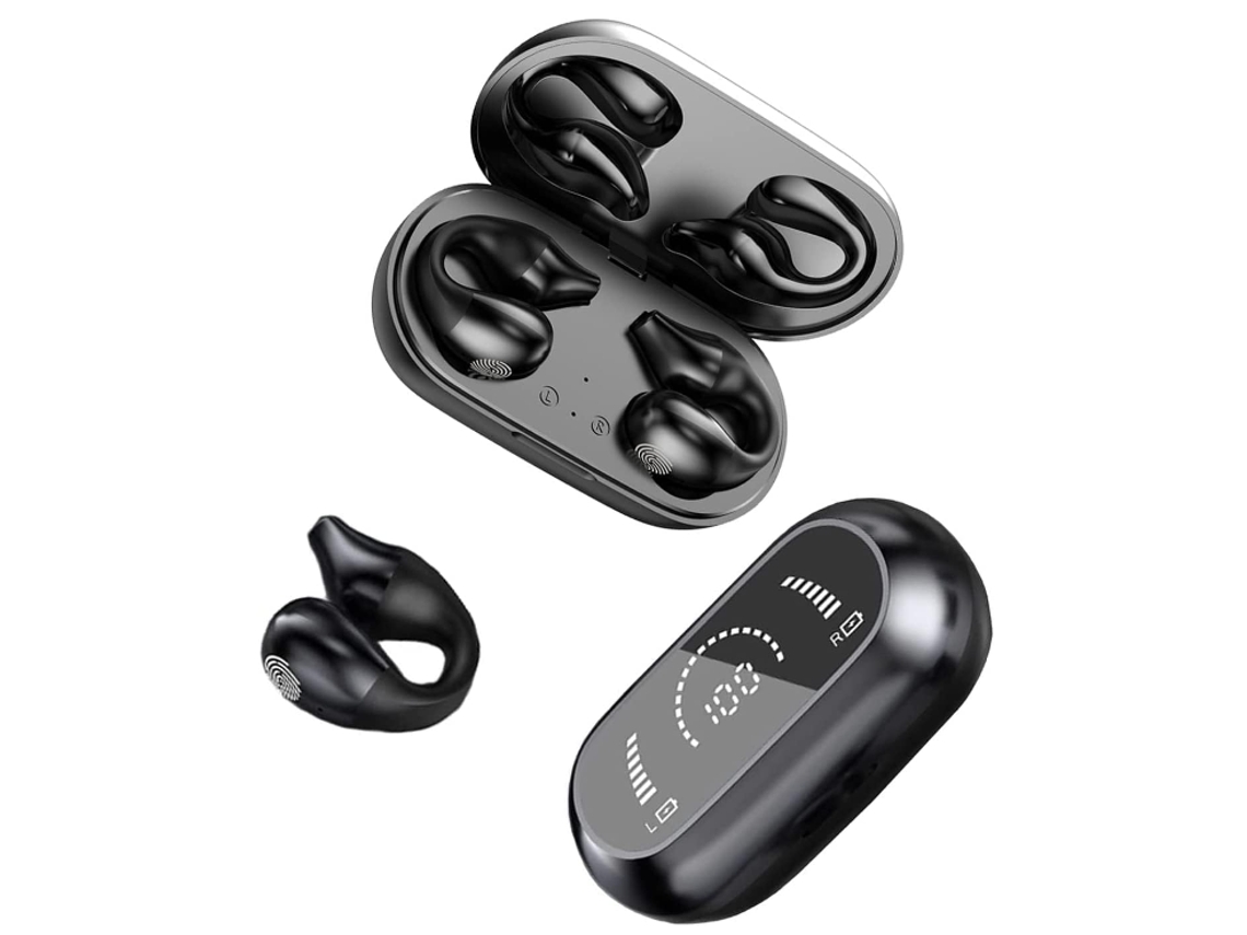 Auriculares Bluetooth 5.2 JIAPEI com condução óssea, clip, LED, 75h, preto