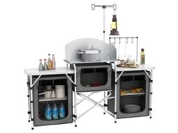 Cozinha De Camping Dobrável De 3 Níveis Com 5 Prateleiras Internas E 4 Ganchos, 172x48x130 Cm, Cinza E Prata