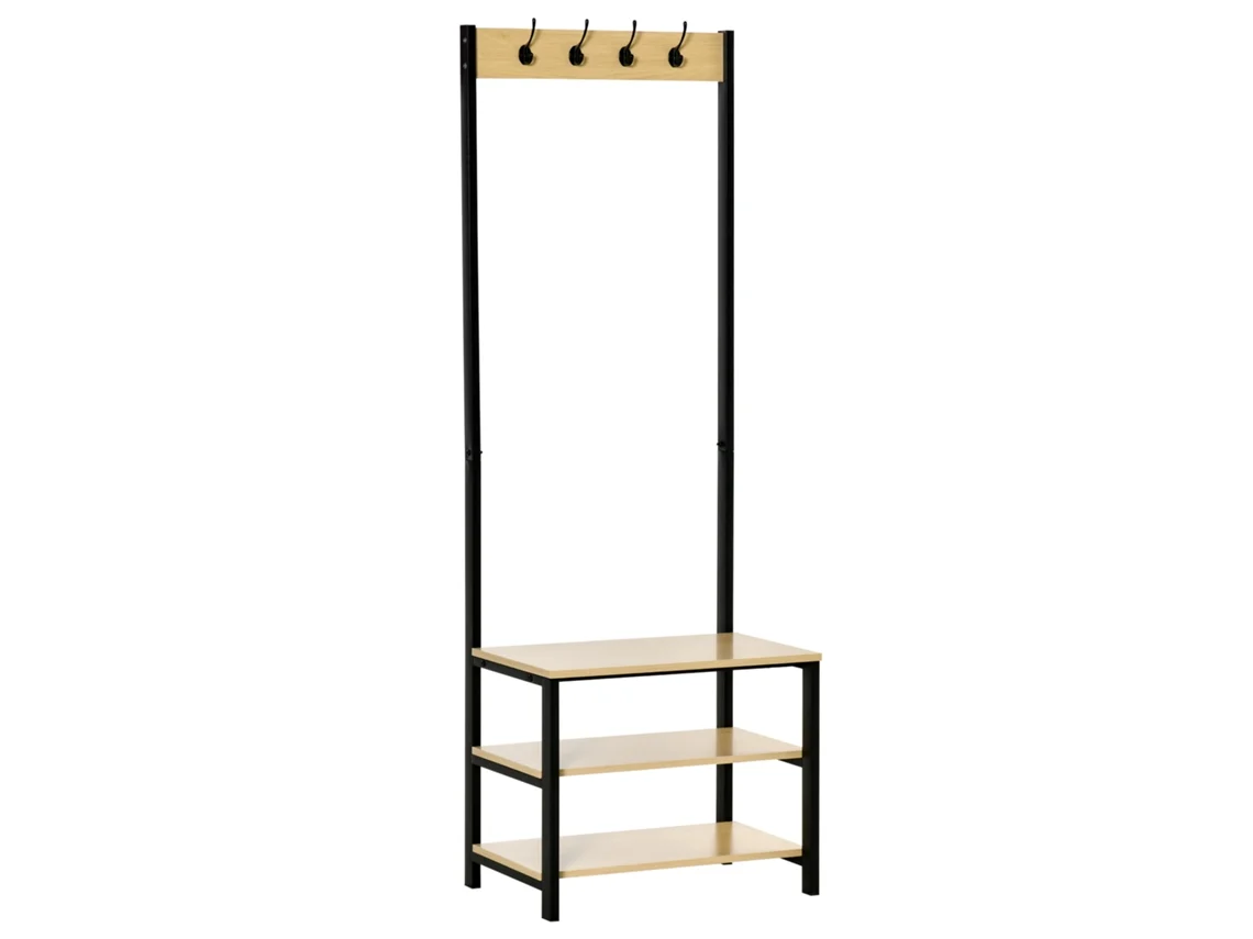 Cabide Suporte de Metal Aço e Mdf Cor Preto e Cor de Madeira 60x40x175 cm Homcom