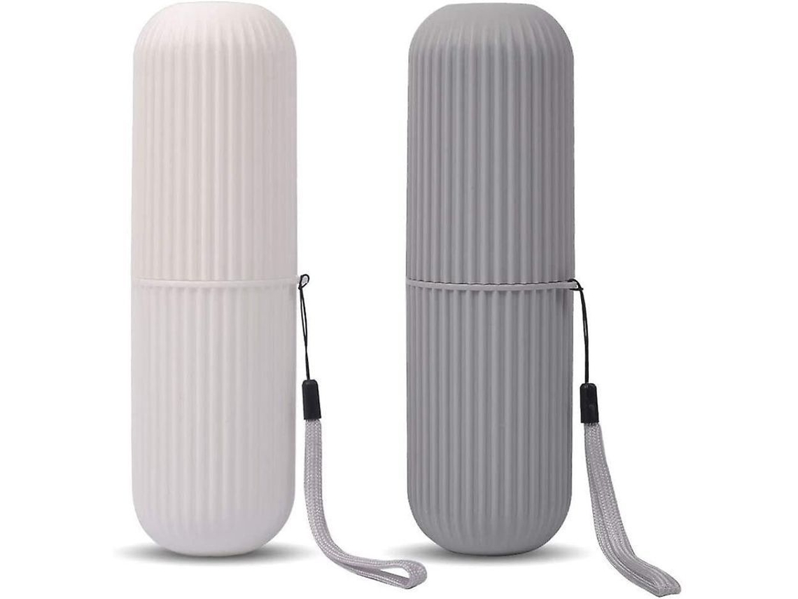 Estojo para escova de dentes de 2 peças para viagens, camping e uso doméstico, feito de polipropileno de qualidade alimentar, nas cores cinza e branco.