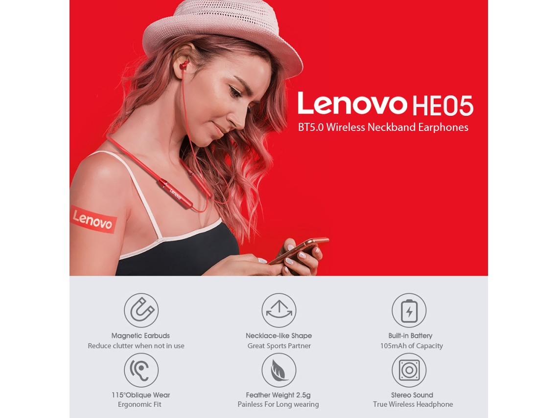 Aetheria fones de Ouvido Lenovo He05 Bt5.0 Sem Fio Esportivo com Microfone e Cancelamento de Ruído