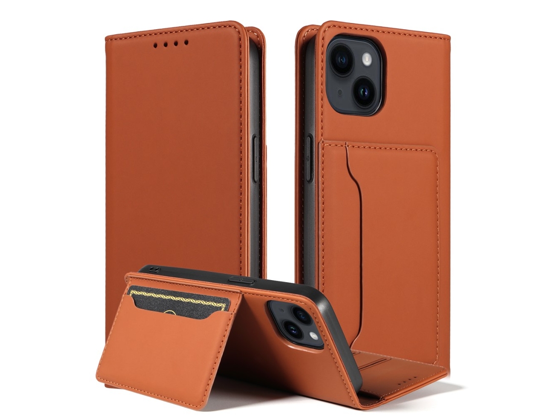 Capa Quedas Para Iphone 14 Plus Pele Sintética Magnética Castanho