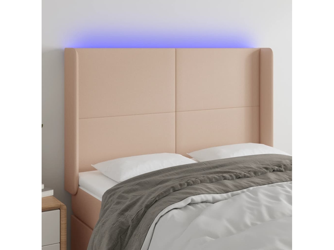 Vidaxl Cabeceira Cama C/ Led Couro Artif. 147x16x118/128 Cm Cappuccino
