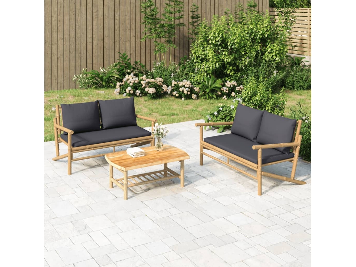 Vidaxl 2pcs Conj. Lounge De Jardim Bambu C/ Almofadões Cinzento-escuro