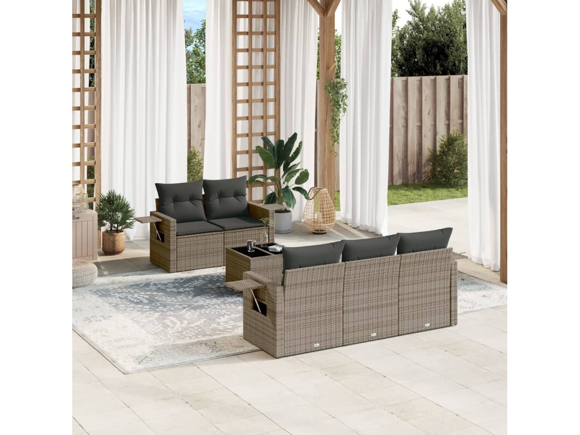 Vidaxl 6 Pcs Conjunto Sofás De Jardim Com Almofadões Vime Cinzento