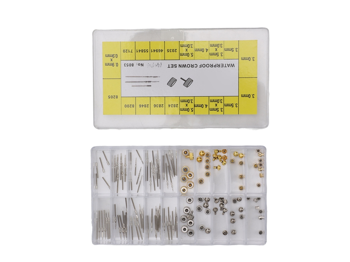 Kit de Reparo de Relógio 140 Peças com Extensores de Haste e Coroas em Cobre e Aço Inoxidável