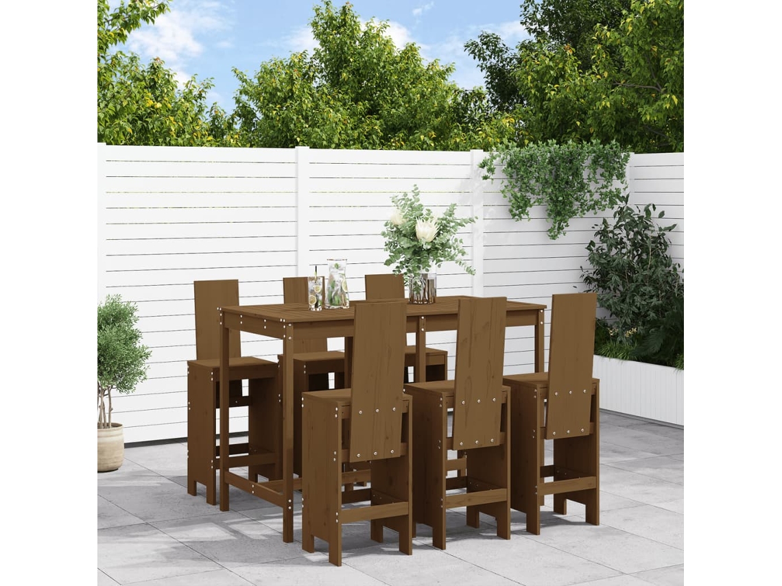Conjunto 7 Peças De Bar P/ Jardim Madeira Pinho Maciça Castanho Mel Dkd Home Decor
