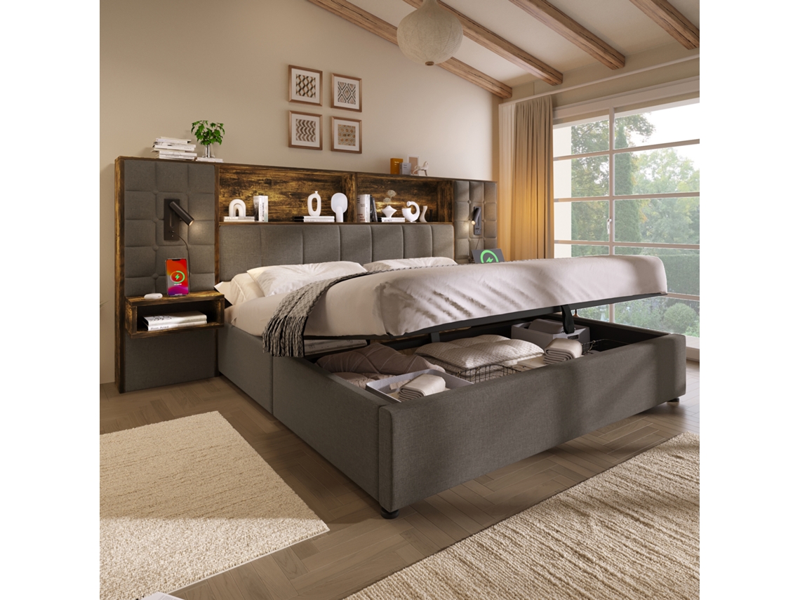 Cama Estofada 160x200 Cm Arrumação, Led, 2 Candeeiros Leitura, 2 Mesas Cabeceira, Usb Type c, Linho, Base Incluída Cinzento NOVELA