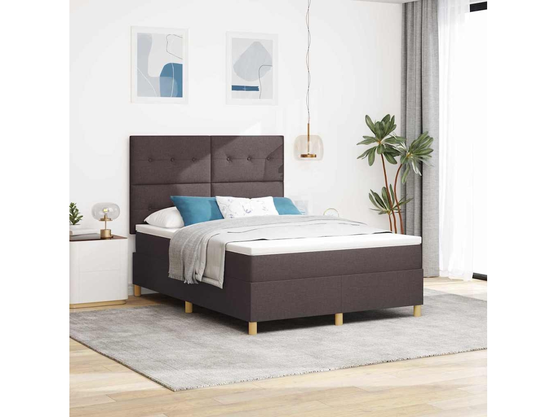 Vidaxl Cama Box com Cabeceira Marrom Escuro 140 X 190 Cm Tecido