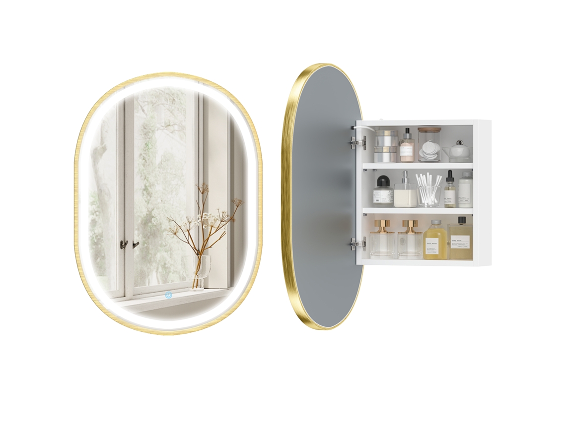 Armário Banheiro do com Espelho e Luzes Led de 3 Cores, Armário Oval de Parede com Função de Memória e Antiembaçamento Dourado