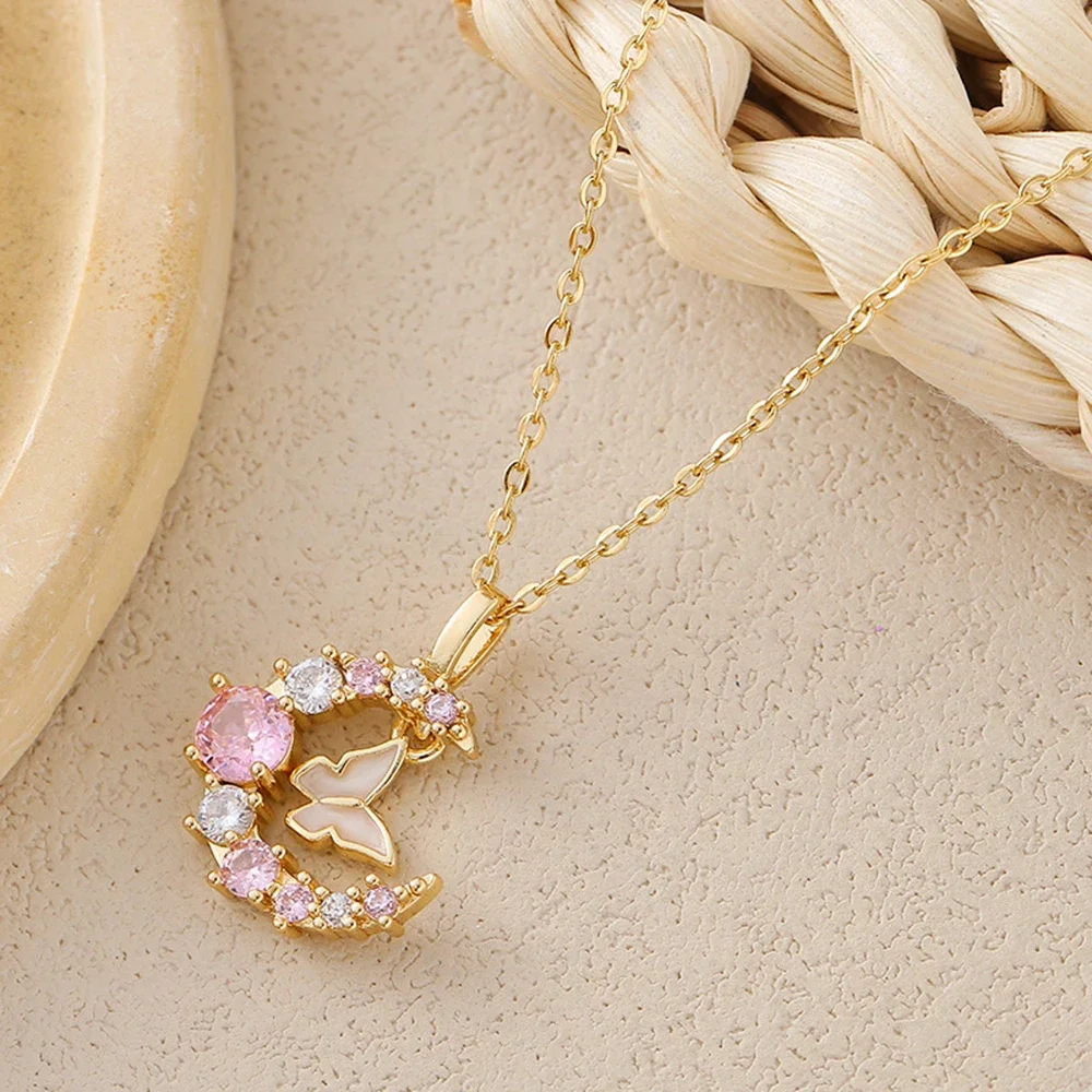 Colar Borboleta E Lua (dourado), Gargantilha De Aço Inoxidável Elegante E De Alta Qualidade