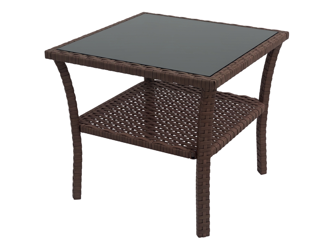 Mesa de Vime Quadrada 50x50x45 Cm Mesa de Jardim e Prateleira Tampo de Vidro Suporta 30 Kg para Terraço Pátio Castanho Ge