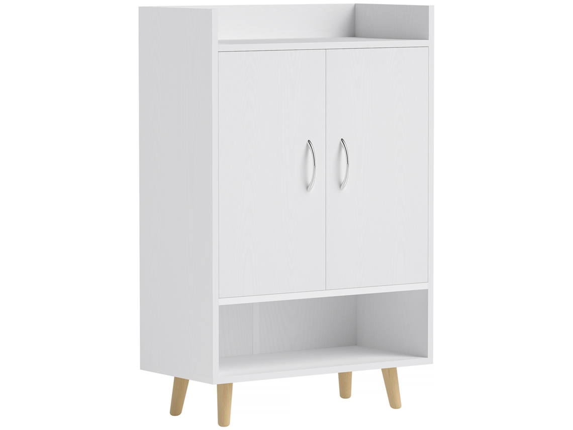 Armário Para Sapatos Com Portas E Prateleiras, Para 12 Pares, Modelo Moderno Em Madeira Maciça, 60x30x92 Cm, Branco Para Hall De Entrada.
