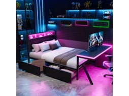 Cama De Metal 140x200cm Com Led Mesa E Gavetas Preta