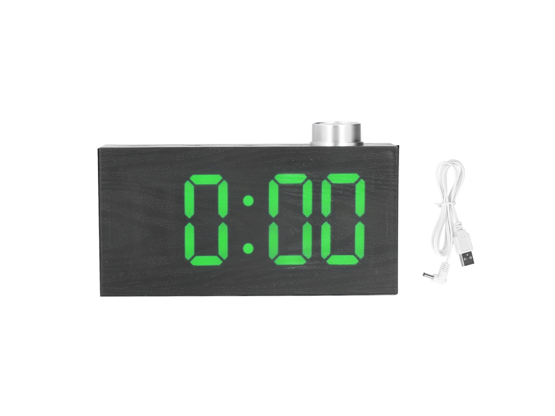 Despertador digital LED Baok, relógio eletrônico de mesa USB com termômetro e textura de imitação de madeira, verde.