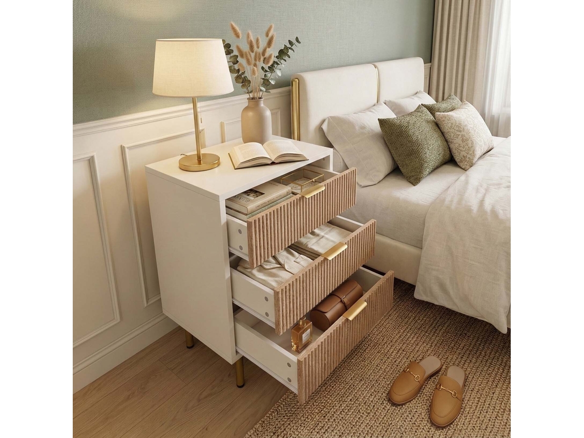 Lazyspace - Conjunto 2 Mesinhas De Cabeceira Mdf Com 3 Gavetas E Pés Em Metal, Branco E Madeira, 65x40x40 Cm