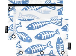 Pasta Minimalista de 3 Argolas com Desenho em Espinha Peixe Azul e Janela Transparente, Estojo para Lápis de Grande