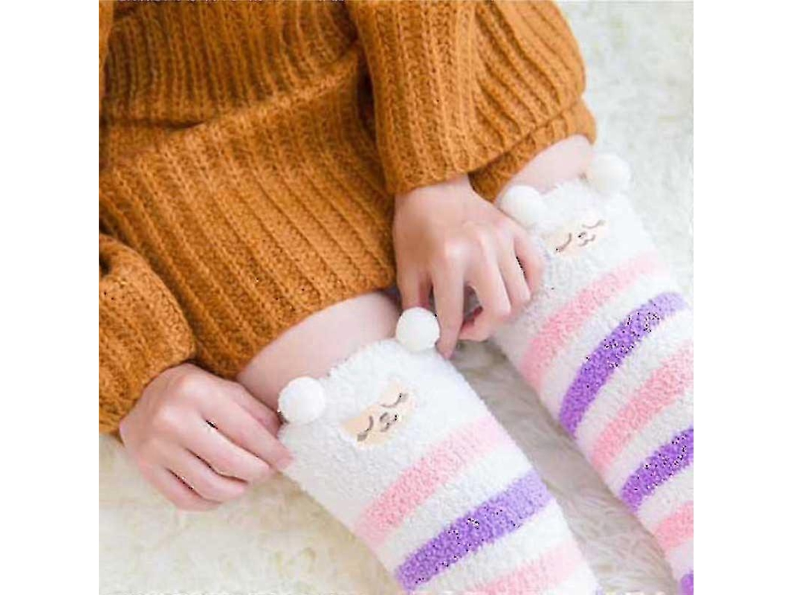 Meias De Lã Coral Macia Até O Joelho, Ideias Para O Inverno, Para Meninas E Mulheres. Meias Listradas Com Estampas De Animais Flufos E Desenhos Animados
