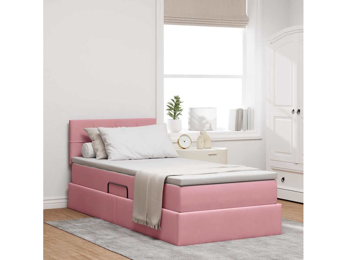 Vidaxl Cama Com Armazenamento Com Cabeceira Rosa 90 X 200 Cm Veludo