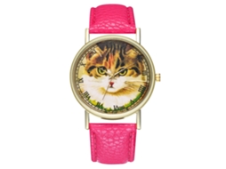 Reloj De Cuero Pu Para Mujer Con Patrón De Gato Dial Redondo De Cuarzo Rojo Rosa