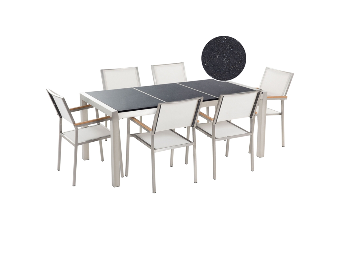 Conjunto De Refeição De Jardim Para 6 Pessoas Beliani Grosseto De Granito, Aço Inoxidável Preto/branco 180x90x70