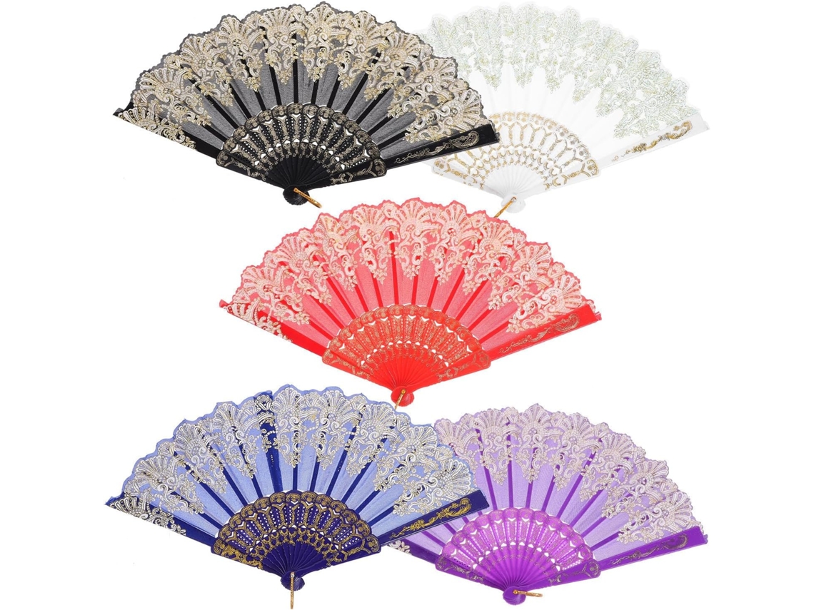 Conjunto De 5 Leques Dobráveis Chineses Retrô, Portáteis E Compactos, Em Plástico E Tecido.