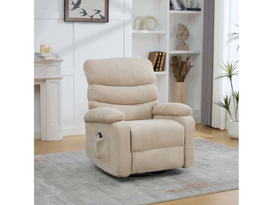 Poltrona Elétrica Giratória 360° Com Massagem E Aquecimento, Encosto E Apoio Para Pés Ajustáveis, Bolsos Laterais. Bege Claro.