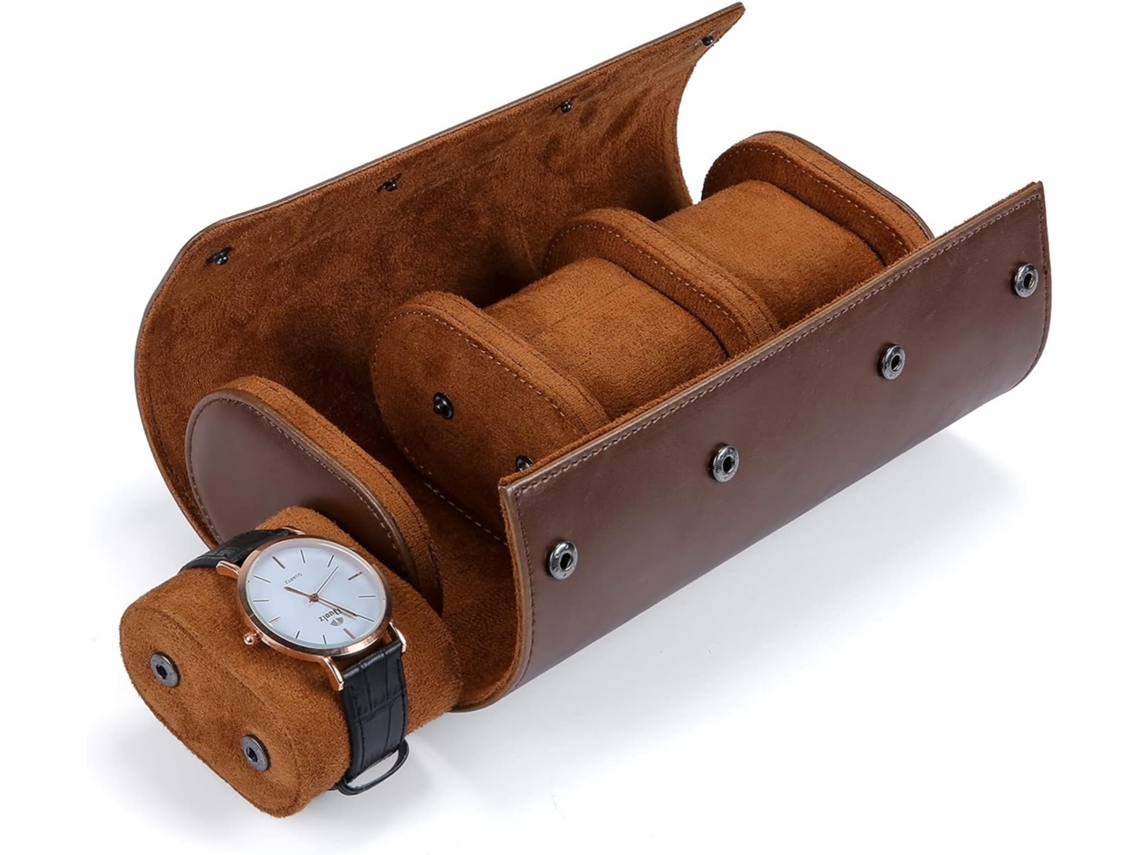 Estojo De Viagem Para Relógios Com Suporte Para 3 Relógios, Separação Completa Com Exterior Em Couro Pu E Interior Em Camurça, Design De Suporte Desli