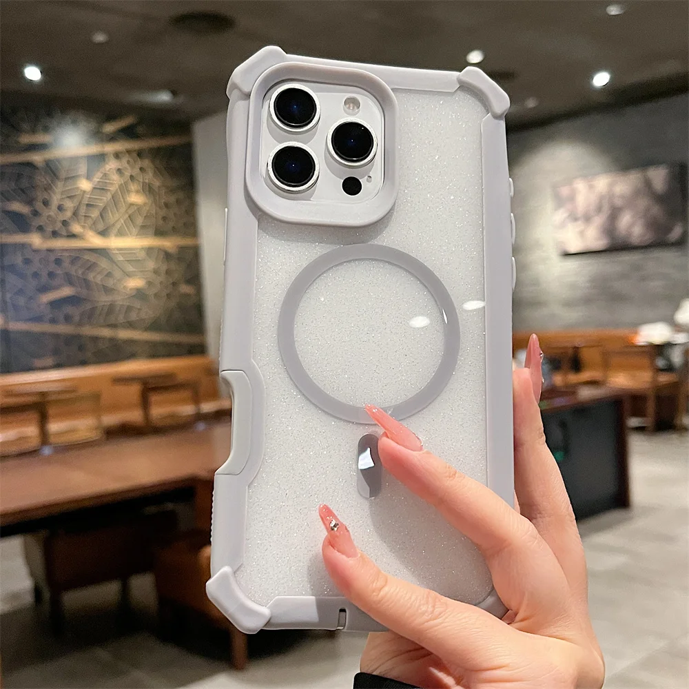 Capa Magnética Magsafe Com Glitter Para Iphone (iphone 16 Plus, Cinza), Proteção Contra Quedas.