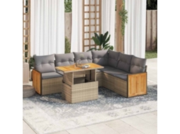 Vidaxl 7 Pcs Conjunto Sofás Jardim Com Almofadões Vime Pe/acácia Bege