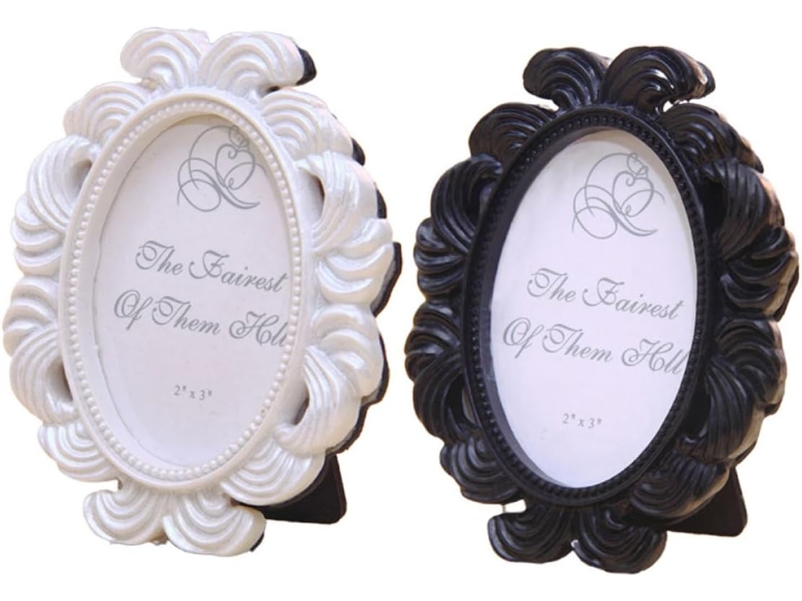 Conjunto 2 Porta Retratos Ovais Barrocos Branco Preto Criativos Delicados Ideais Decoração Escritório Quarto GOKOCO