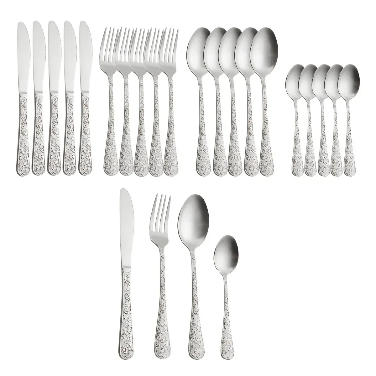 Conjunto de Louça de Luxo em Aço Inoxidável , Estilo Retrô Sofisticado, Utensílios de Cozinha. MDUG (prateado, 24 Peças)